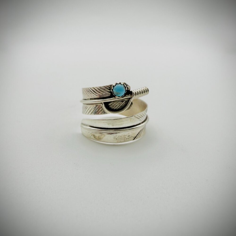 Sterling Silver Turquoise Feather Bypass Ring Artist Signed AD